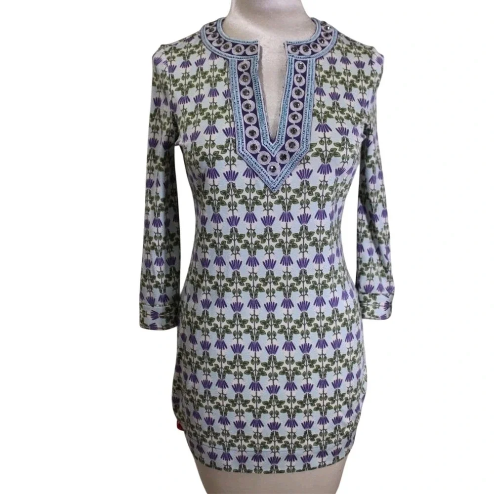 Tory Burch Tunic Top XS Floral Print Embellished Neckline 3/4‎ Sleeve Blouse